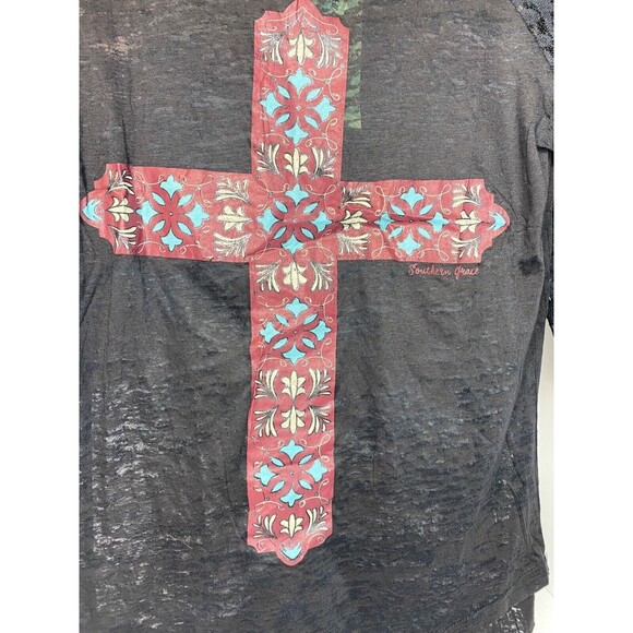 Southern Grace Black Lace & Maroon Blk Glitter Floral Cross Burnout Shirt Size S - Picture 3 of 9